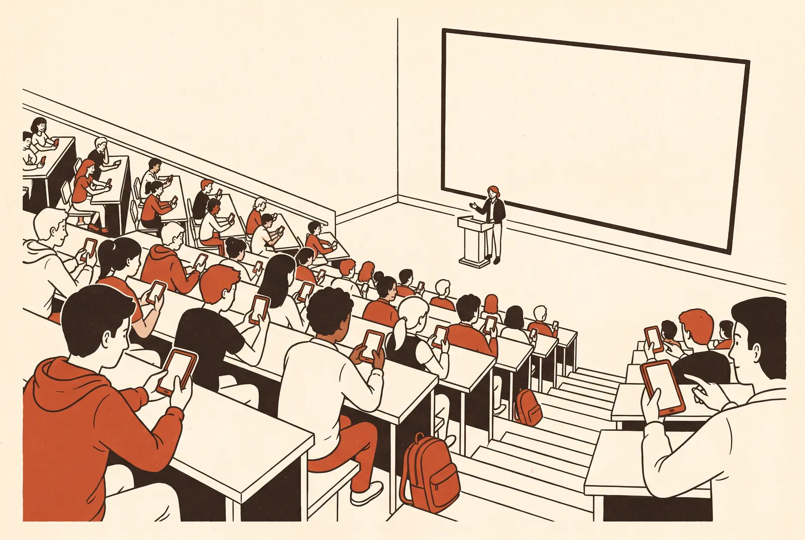 Illustration: Ein voller Hörsaal, Studierende stimmen per Smartphone ab.