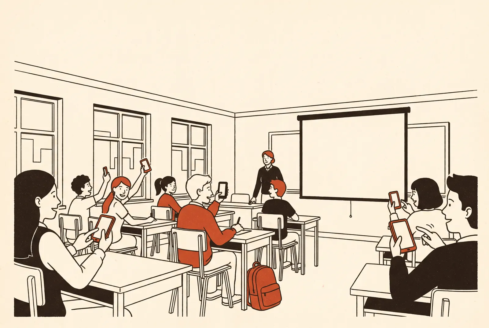 Illustration: a school class votes with smartphones, the teacher at the projector.
