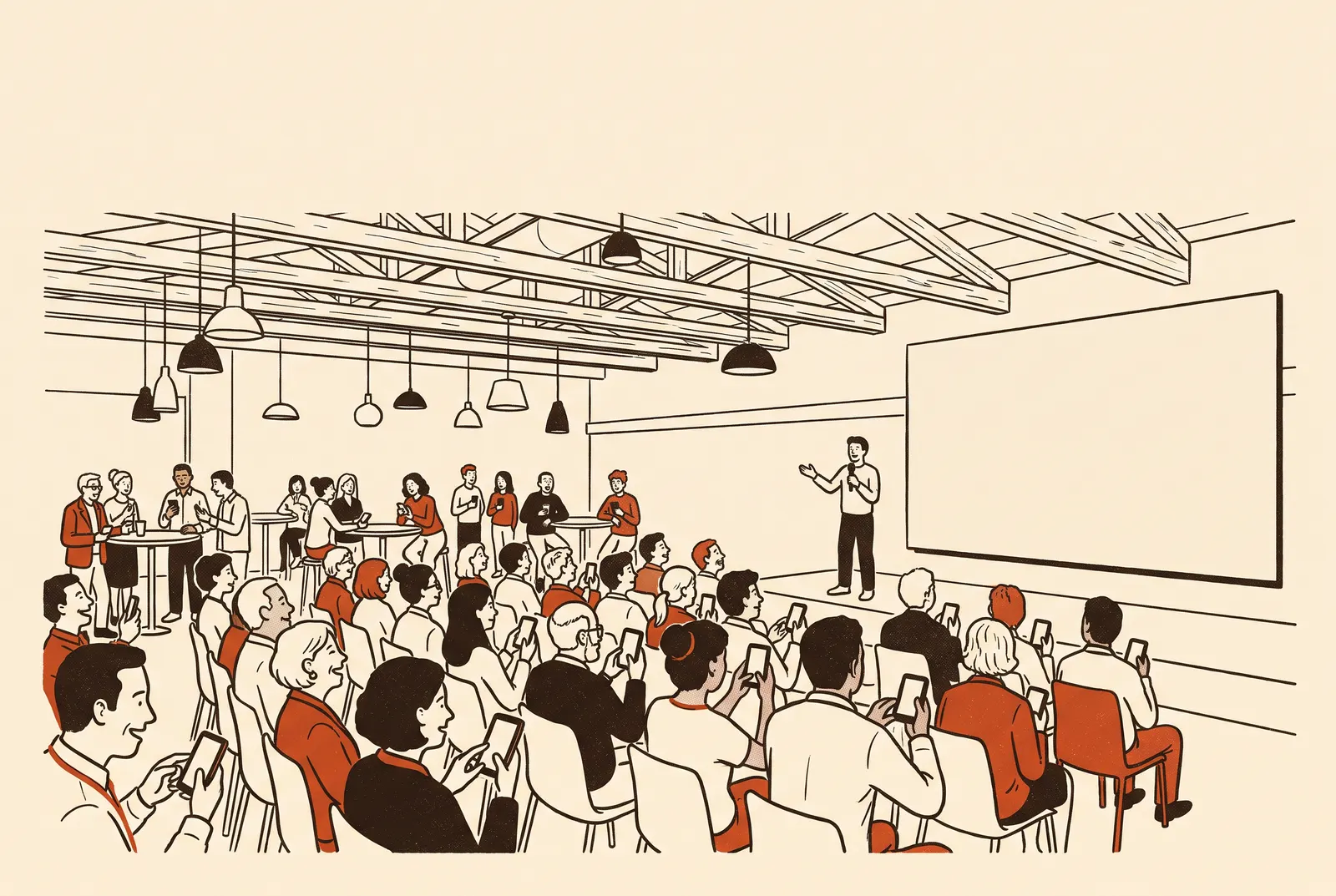 Illustration: a company town hall, employees voting live.