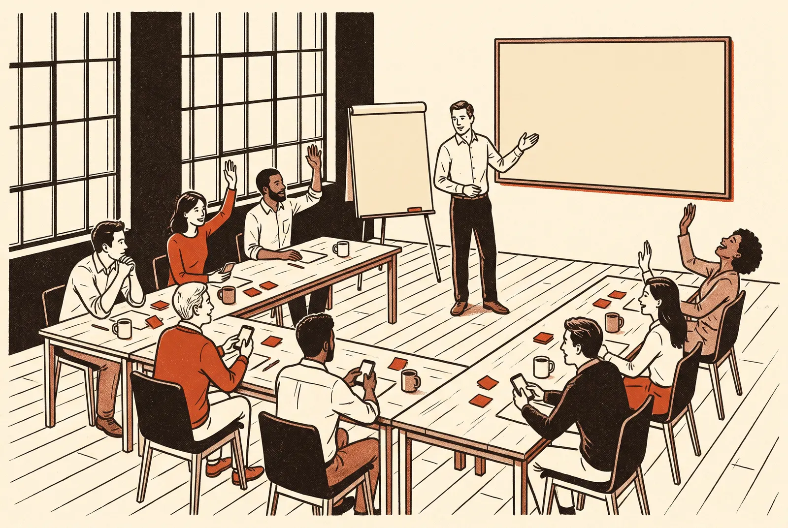 Illustration: a workshop around a U-shaped table, the trainer pointing at the screen.